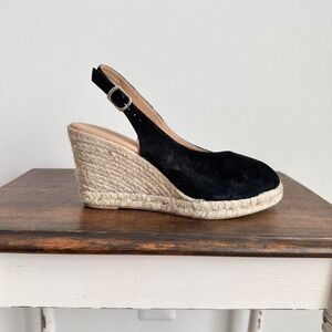 Black Suede Peeptoe Slingback Wedge Size 37 Mule Sandal Espadrille